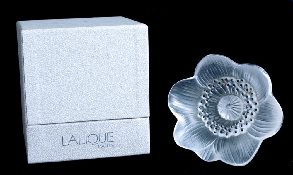 Appraisal: LALIQUE CRYSTAL ANEMONE FLOWER PAPERWEIGHT W BOXLalique crystal Anemone flower