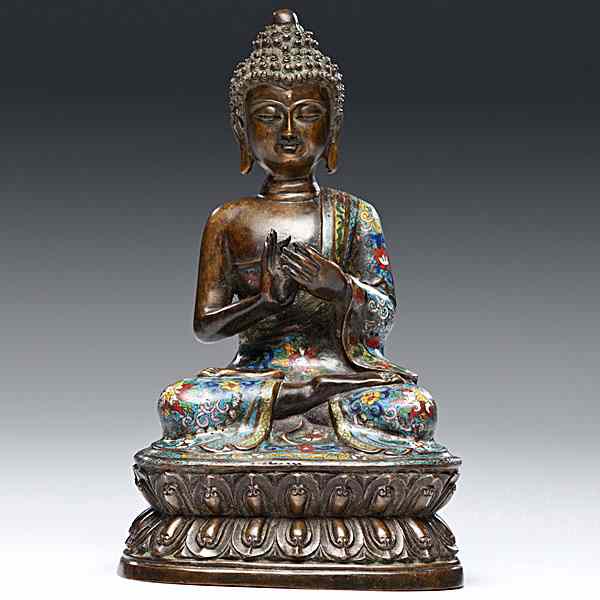 Appraisal: Bronze Chinese Cloisonn Buddha Chinese Bronze cloisonn Buddha seated in