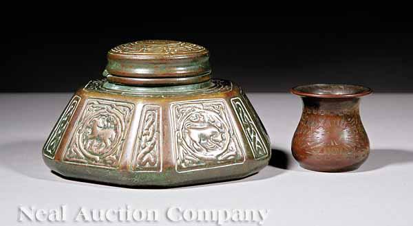 Appraisal: A Tiffany Studios Patinated Bronze Zodiac Pattern Inkwell c with