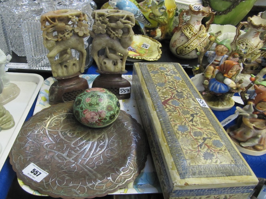 Appraisal: Islamic copper and white metal plate two papier mache boxes