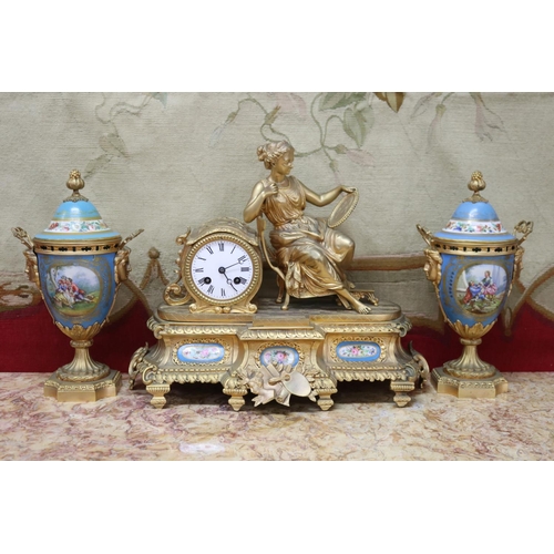 Appraisal: Antique French ormolu figural clock and garnitures French Sevres bleu