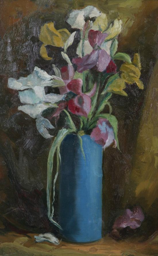 Appraisal: AMERICAN SCHOOL th century IRIS IN BLUE VASE oil on