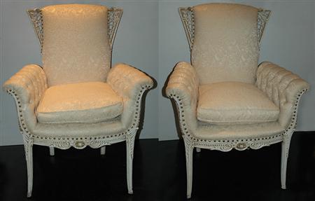 Appraisal: Pair of White Painted Button Upholstered Bergeres Estimate nbsp nbsp