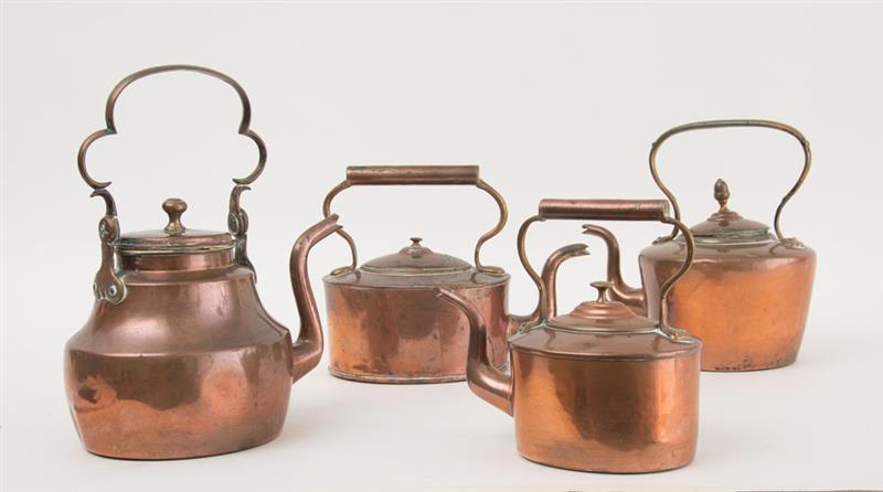 Appraisal: FOUR ENGLISH COPPER TEA KETTLES Three with fixed handles the