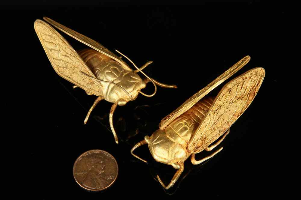 Appraisal: SCULPTURE - Chinese gold sculptures of male and female cicadas