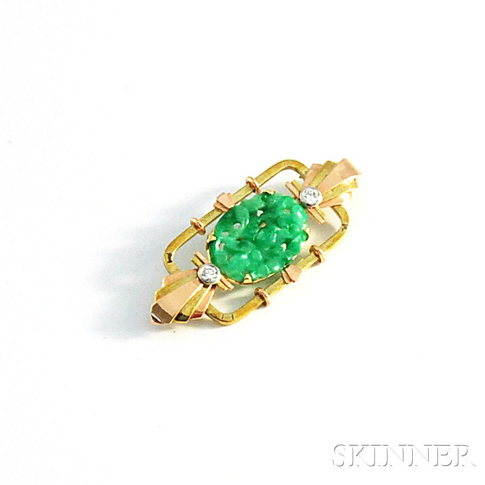 Appraisal: Retro kt Bicolor Gold Jade and Diamond Brooch Krementz Co