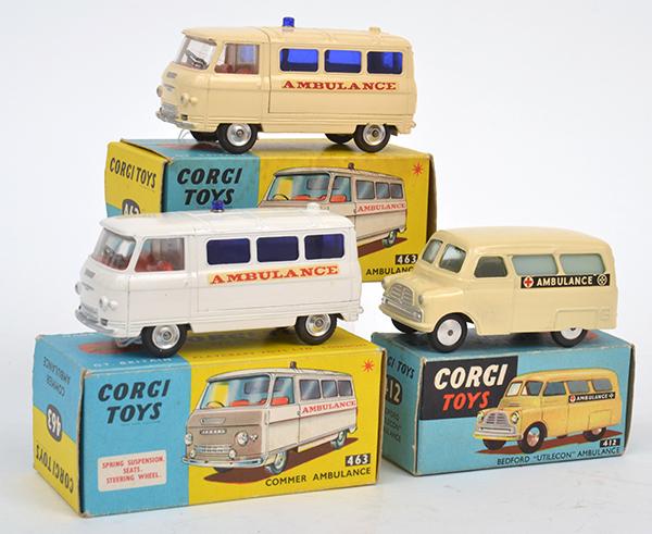 Appraisal: THREE CORGI COMMERCIAL VEHICLES INCLUDING TWO COMMER AMBULANCES WITH INTERNAL