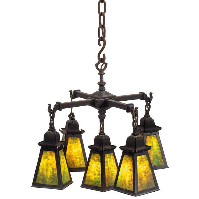 Appraisal: Arts and Crafts hanging fixture iron fixture with five pyramidal