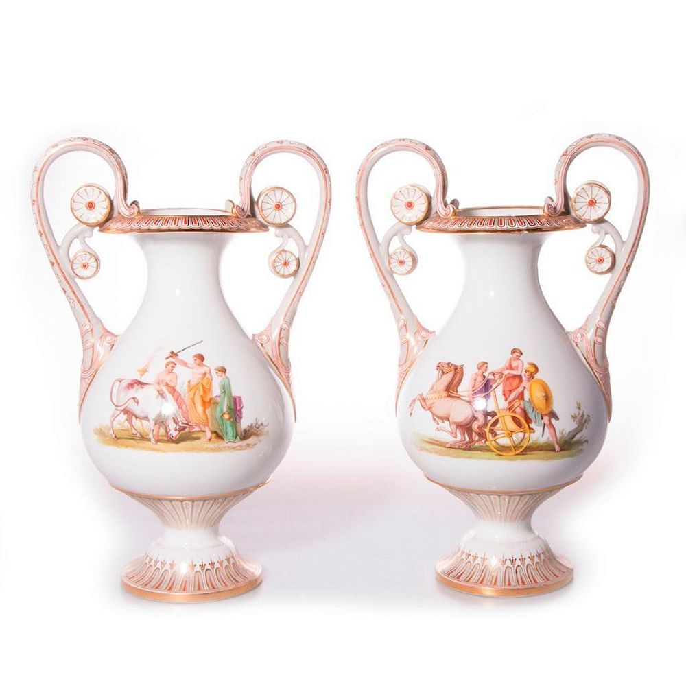 Appraisal: Pair Large Baluster Vases with Painted Scenes French Monumental Pair