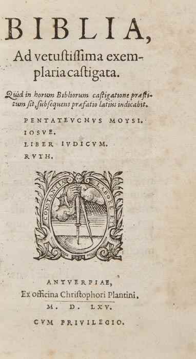 Appraisal: Bible Latin Biblia Ad vetustissima exemplaria castigata title with woodcut