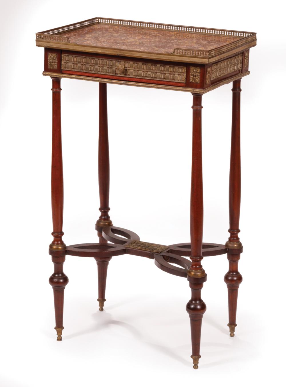 Appraisal: Louis XV-Style Bronze-Mounted Gueridon pierced gallery rouge marble single drawer