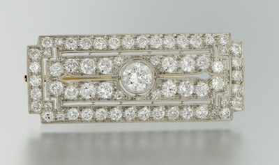 Appraisal: A Platinum and Diamond Bar Brooch Platinum open design bar