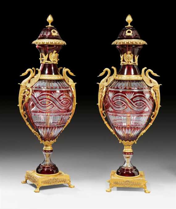 Appraisal: PAIR OF IMPORTANT VASES WITH LIDS AUX CYGNES Empire style