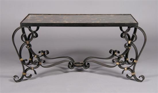 Appraisal: A Marble and Wrought Iron Low Table Height x width