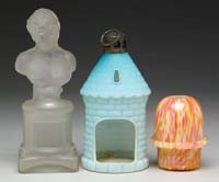 Appraisal: THREE FAIRY LAMPS Ruf fig Blue shaded satinized glass in