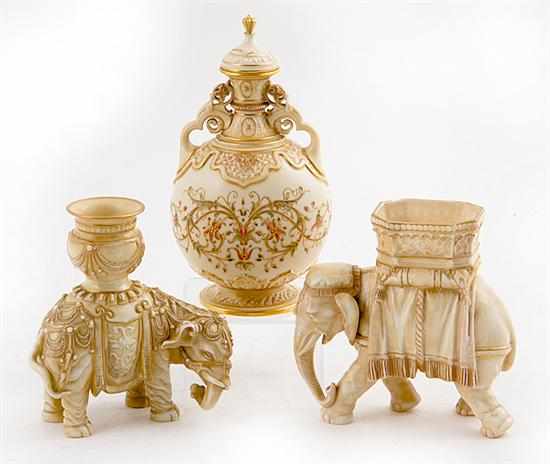 Appraisal: Unusual Royal Worcester elephants and jar dated ivory colored squat