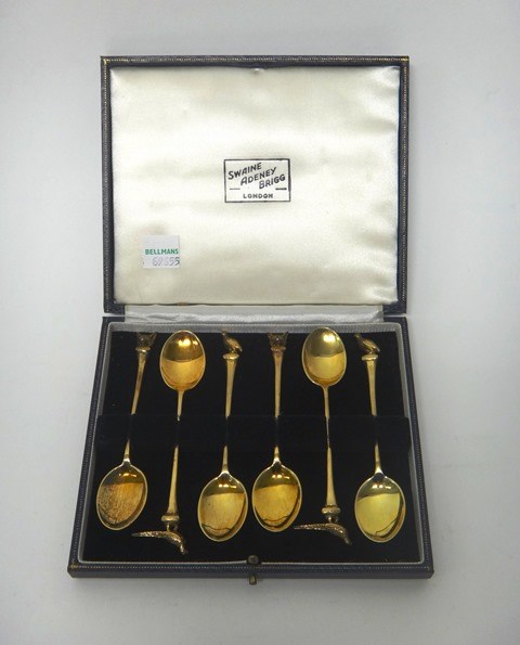 Appraisal: Six pairs of silver gilt coffee spoons the three differing