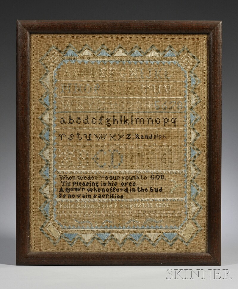 Appraisal: Needlework Sampler Polly Alden Aged August stitched with silk threads