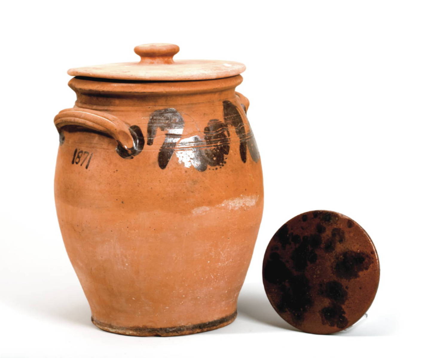 Appraisal: WAYNESBORO PENNSYLVANIA SLIP-DECORATED REDWARE TWO-HANDLED CROCK JOHN BELL DATED Surrounded