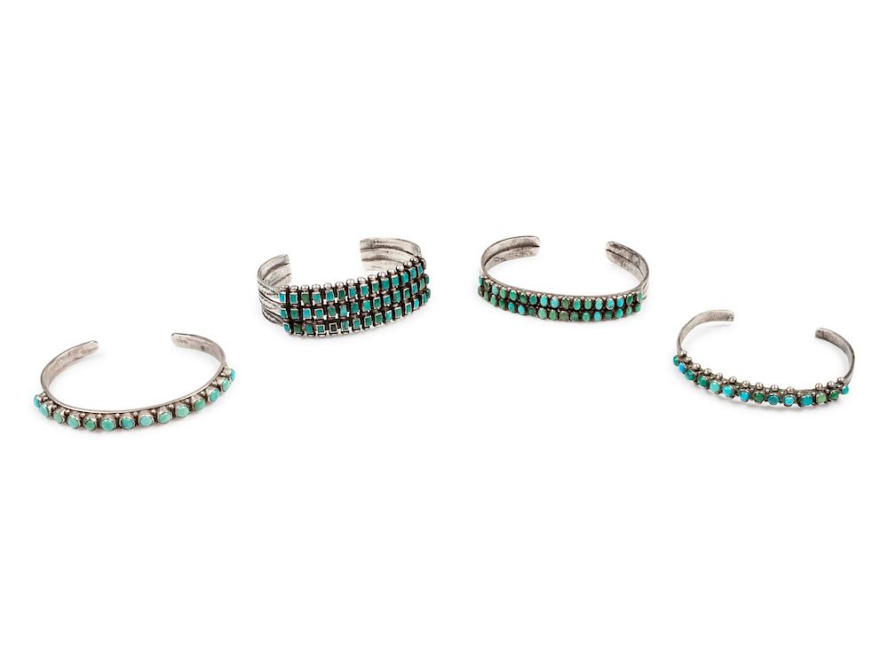 Appraisal: Four Zuni Silver and Turquoise Cuff Bracelets largest length x