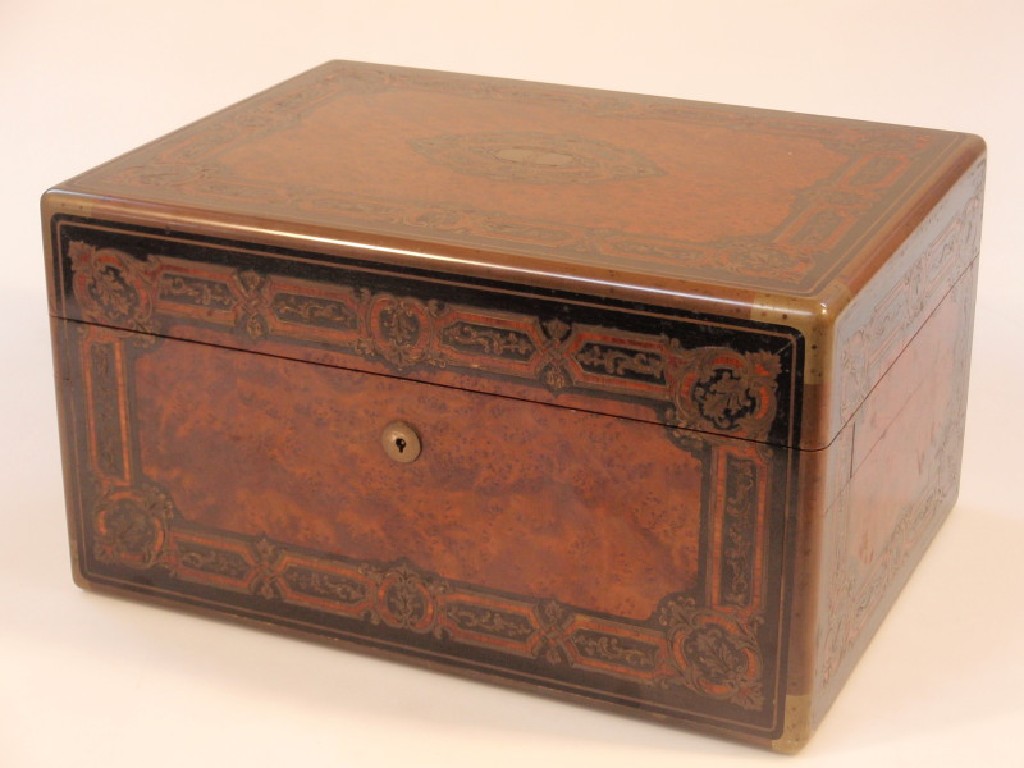 Appraisal: A thC burr walnut travelling box decorated with strapwork boulle