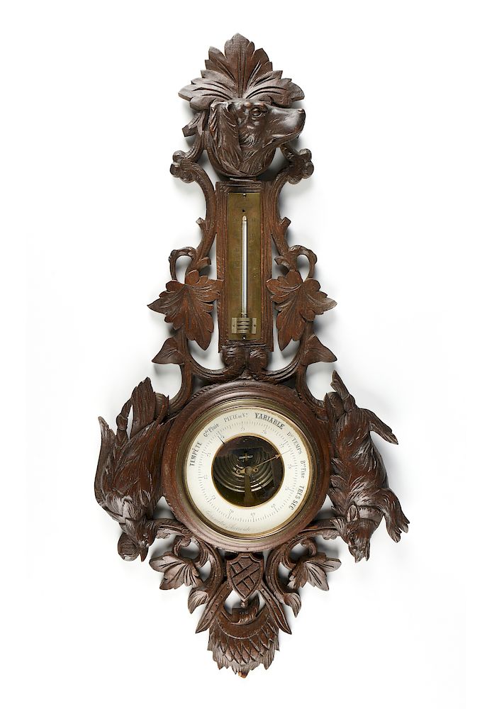 Appraisal: A FRENCH BLACK FOREST STYLE CARVED WOOD BAROMETER ANEROID EARLY