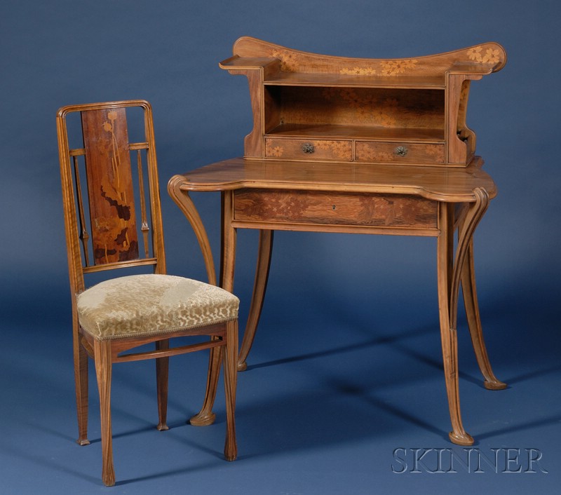 Appraisal: French Art Nouveau Marquetry-inlaid Walnut Writing Desk and Associated Side