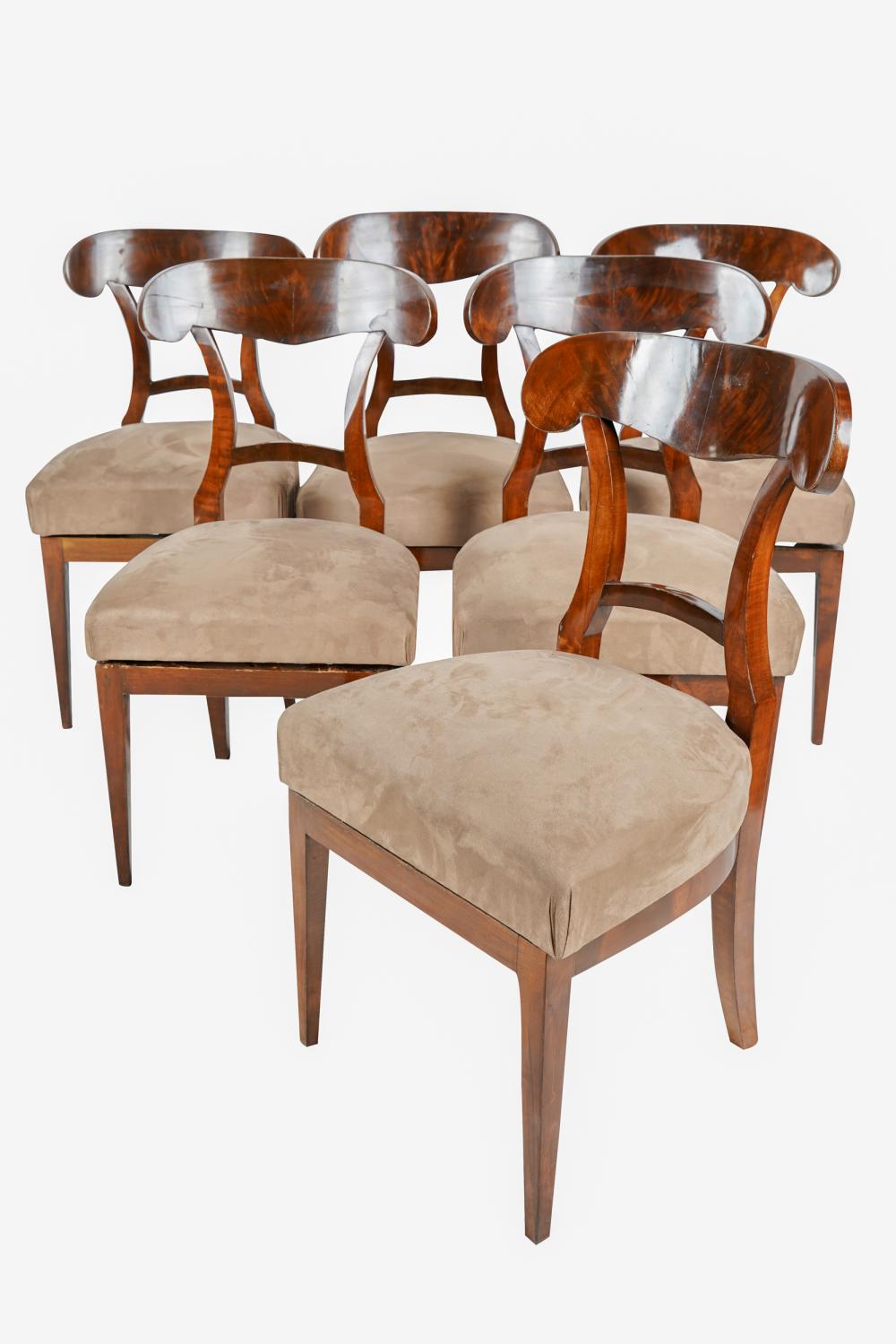 Appraisal: SIX BEIDERMEIER MAHOGANY DINING CHAIRSeach covered with beige faux suede