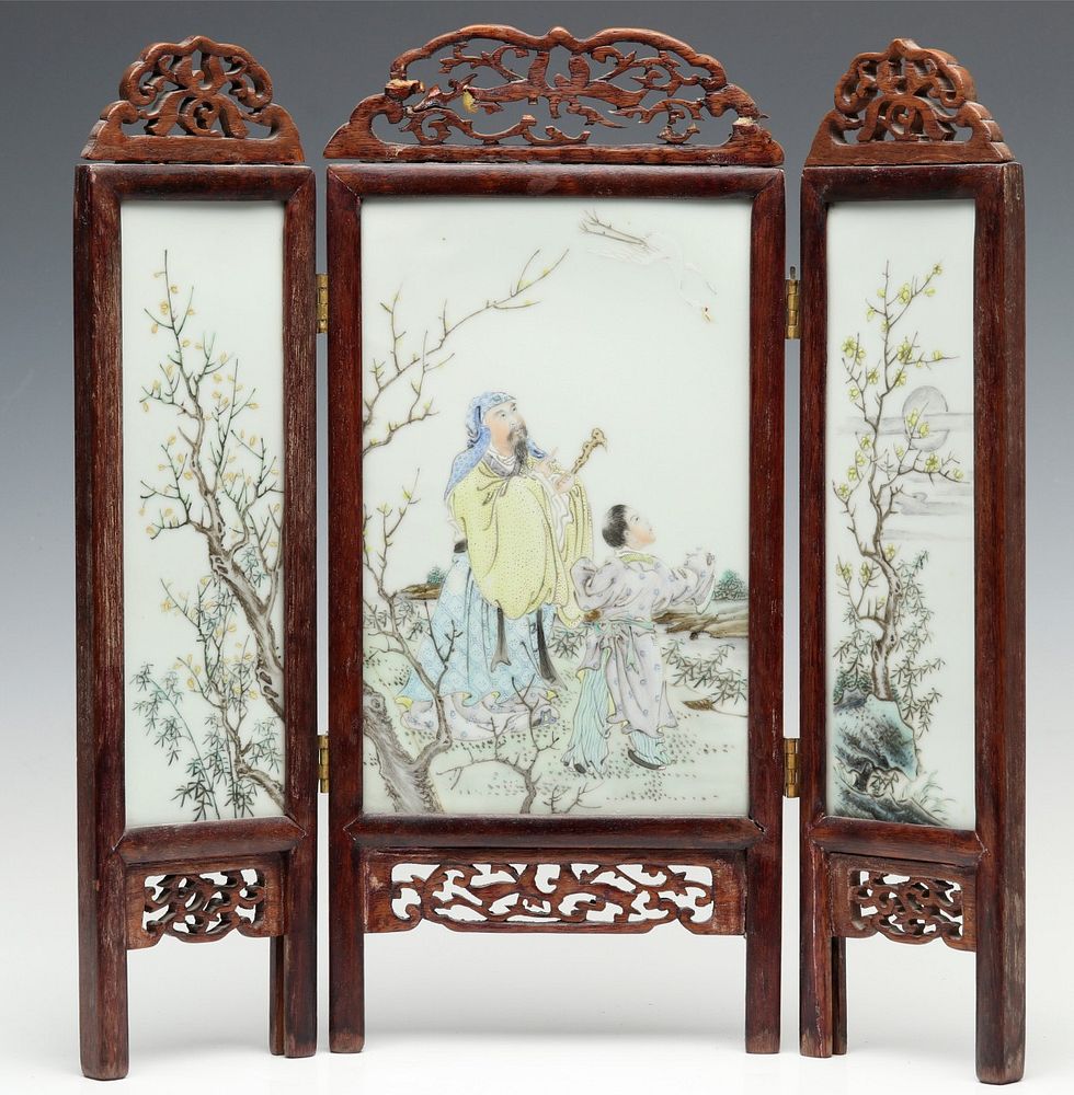 Appraisal: AN ANTIQUE CHINESE HARDWOOD AND PORCELAIN TABLE SCREEN The triform