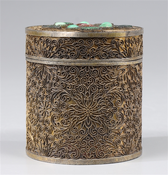 Appraisal: Chinese brass canister with intricate lace detail on possible silver