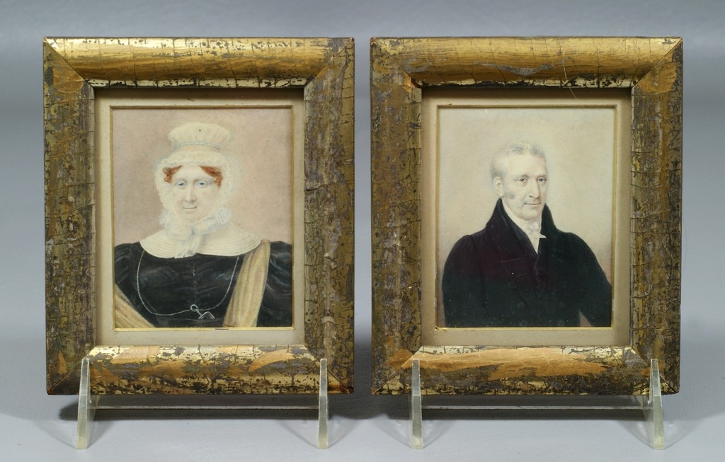 Appraisal: Pair of Early Miniature Portraits on Paper a gentleman and