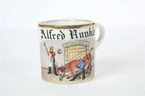 Appraisal: OCCUPATIONAL SHAVING MUG For Alfred Runkle Butcher's mug with a