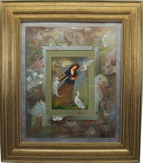 Appraisal: Signed Figural Persian Watercolor Goauche Painting of woman with birds