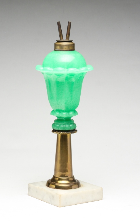 Appraisal: AMERICAN OPAQUE GREEN CAMPHENE LAMP Mid th century Opaque green