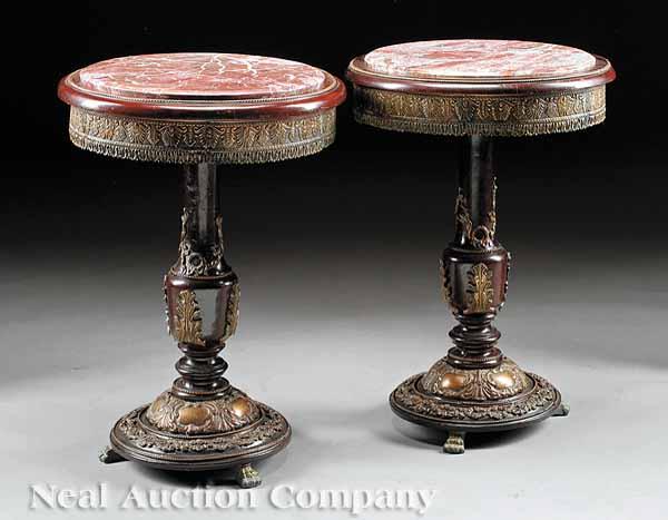 Appraisal: A Pair of Louis XVI-Style Bronze-Mounted Mahogany Gu ridons marble