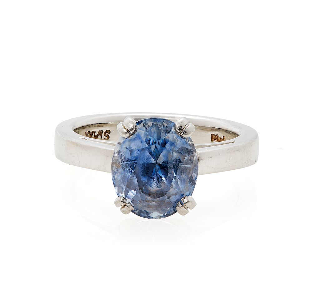 Appraisal: Natural Sapphire Platinum Ring Larry Stark Natural oval sapphire ring