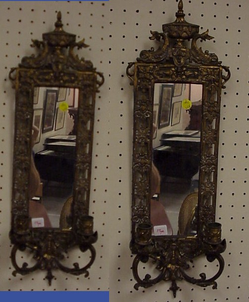 Appraisal: Pair of brass mirrored wall sconces two scrolled arms at