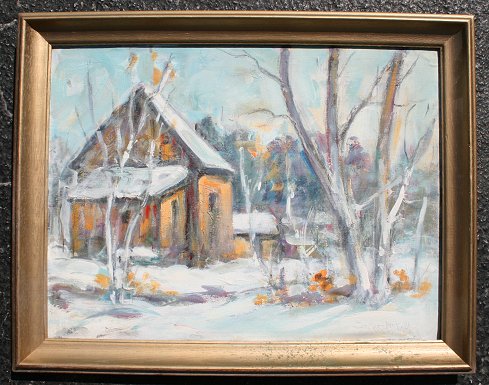 Appraisal: DETIREFORT Bella American - Snowy winter landscape with cabin Oil