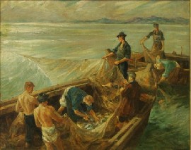 Appraisal: European Twentieth Century School Fishermen oil on canvas x cm