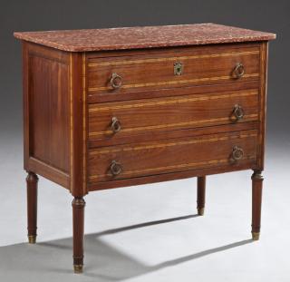 Appraisal: Diminutive Louis XVI Style Inlaid Mahogany Marble Top Chest early