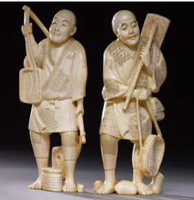 Appraisal: PAIR ANTIQUE IVORY OKIMONO Pair antique carved ivory okimono of