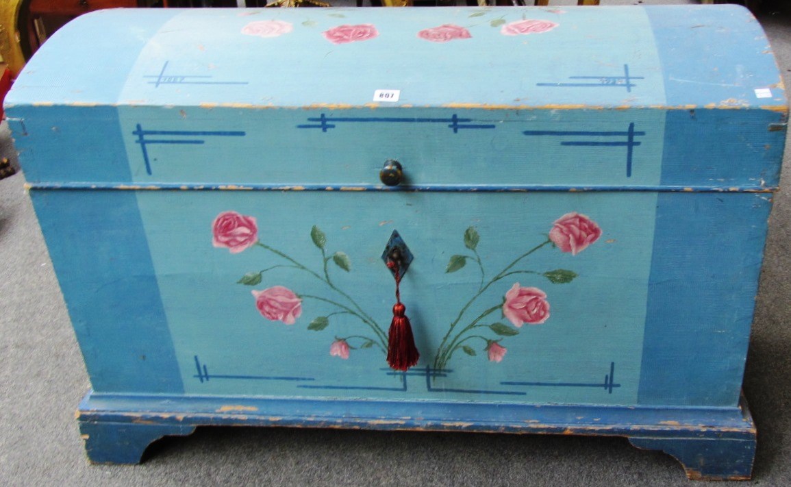 Appraisal: A French blue painted pine domed top trunk decorated with