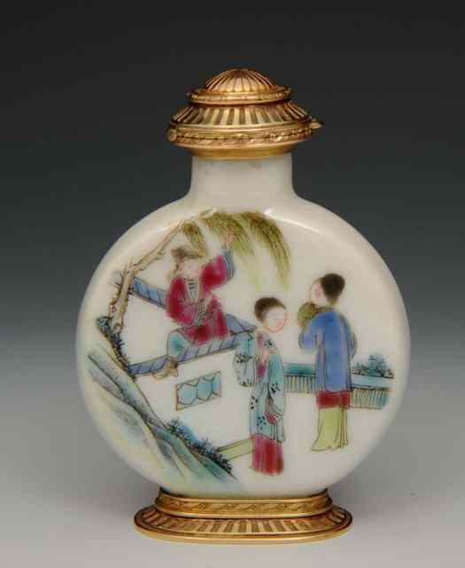 Appraisal: A CHINESE WHITE GLAZED PILGRIM BOTTLE shaped snuff bottle enamelled