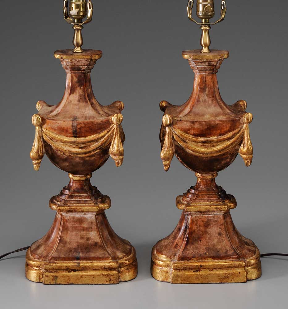 Appraisal: Pair Lamp Bases American th century gilt wood urns with