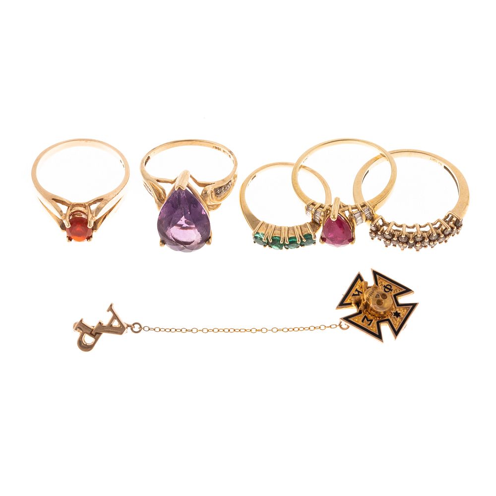 Appraisal: A Collection of Gold Gemstone Rings Pin K yellow gold