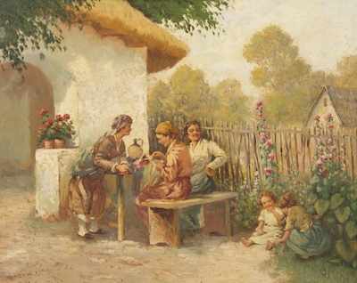 Appraisal: Continental School th th Century Figures in a garden Oil