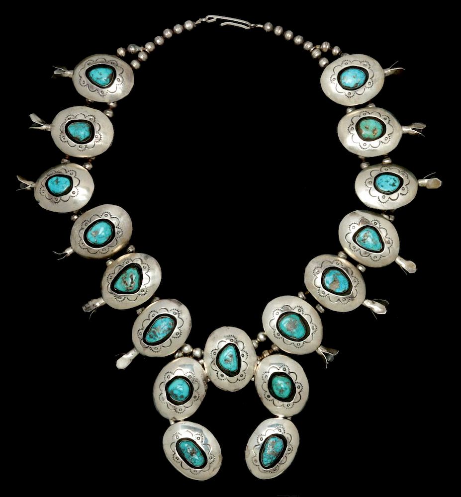 Appraisal: A SHADOW BOX SQUASH BLOSSOM W TURQUOISE STONES A fine