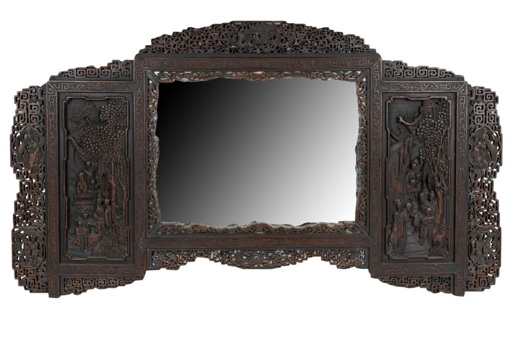 Appraisal: CHINESE STYLE CARVED WOOD MIRRORwith later-added plate mirror Condition with