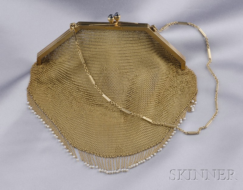 Appraisal: Antique kt Gold Mesh Purse with seed pearl fringe dwt