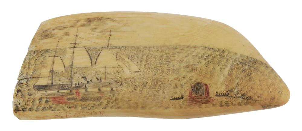 Appraisal: BOLDLY POLYCHROME SCRIMSHAW WHALE'S TOOTH DEPICTING THE WHALESHIP HECTOR MID-